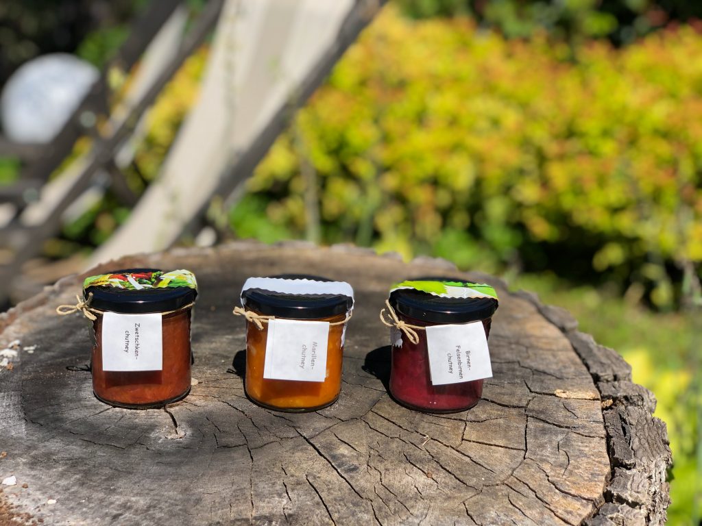 3 Chutneys auf Holz vor Natur